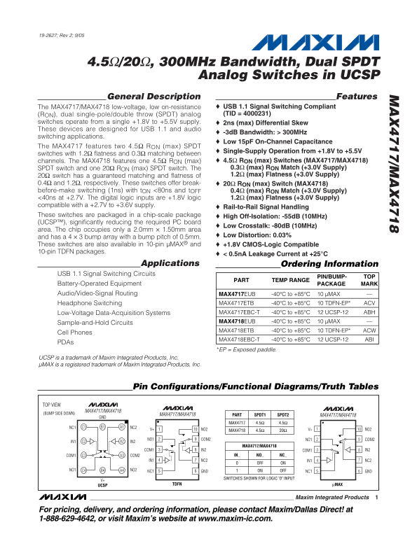 MAXIM MAX4717 MAX4718 Dual SPDT Analog Switches in UCSP Data Sheet - Page 1