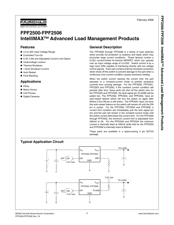 Fairchild Semiconductor FPF2500-FFP2506 IntelliMAX Advanced Load Management Products User Manual and Specifications - Page 1
