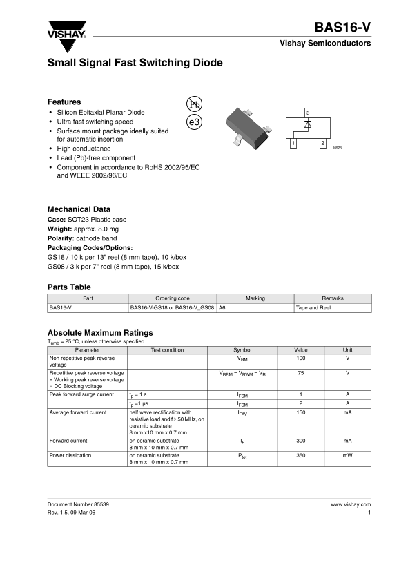 VISHAY SEMICONDUCTOR BAS16-V Vishay Semiconductors Small Signal Fast Switching Diode Data Sheet User Manual - Page 1