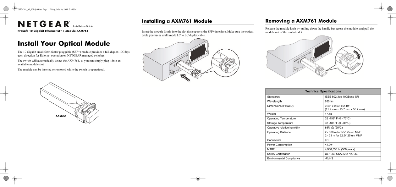 Netgear ProSAFE 10 Gigabit SFP+ Module SR AXM761 Install Guide - Page 1