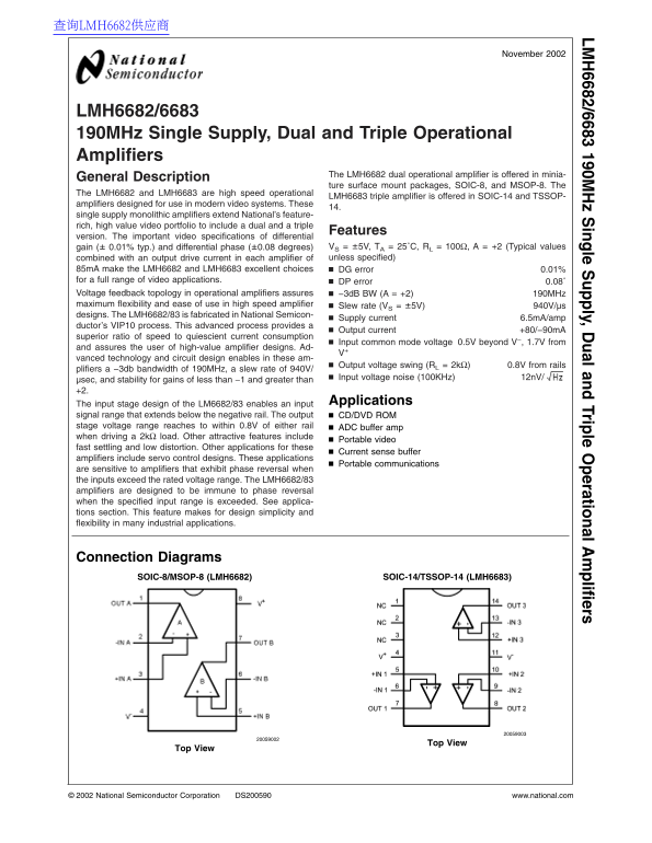 National Semiconductor LMH6682 6683 190MHz Single Supply, Dual and Triple Operational Amplifiers - Page 1