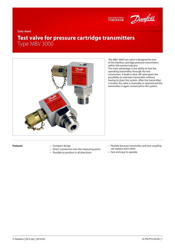 Danfoss Test Valve for Pressure Cartridge Transmitters, Type MBV 3000 Datasheet - Page 1