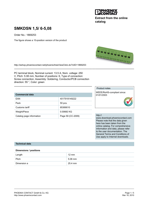 Phoenix Contact - SMKDSN 1,5 6-5,08 Data Sheet / Manual - Page 1