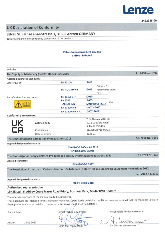 Lenze Inverters-Servo Inverters 9400 HighLine Servo Inverters Certification and Declaration UKCA DoC Servo Inverter 9400 Safety Module SM301 (Language EN) - Page 1
