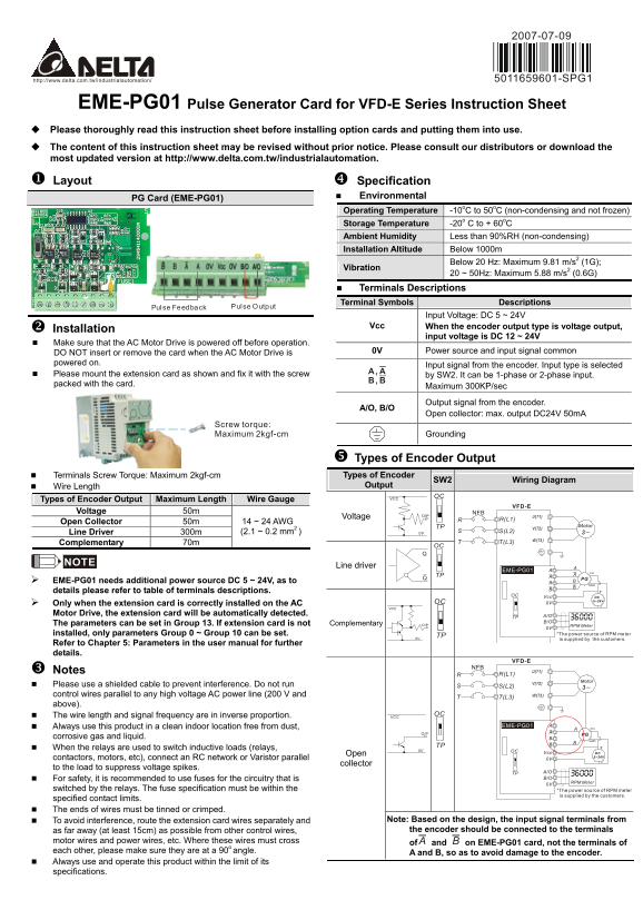 Delta Industrial Automation Inverter EME-PG01 PG Speed Feedback Card (For E Series) Optional Accessory - Page 1