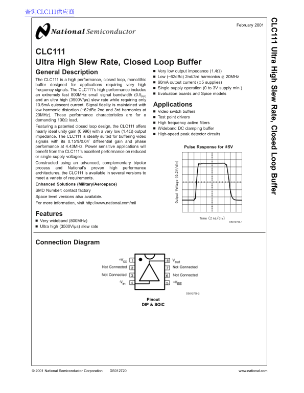 National Semiconductor CLC111 Ultra High Slew Rate, Closed Loop Buffer Data Sheet - Page 1