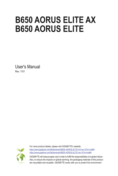 GIGABYTE Motherboard B650 AORUS ELITE (Rev.1.0) User Manual - Page 1