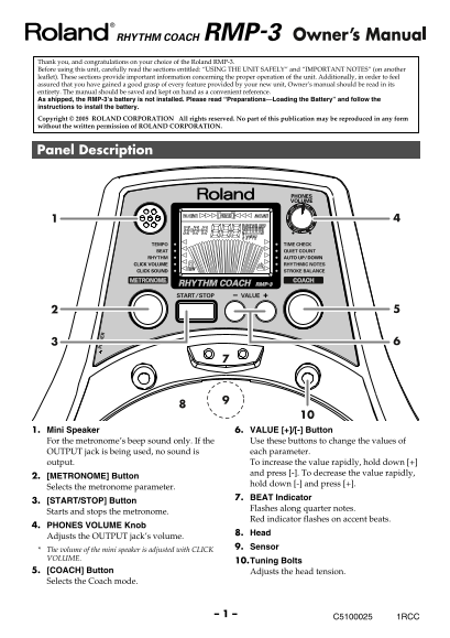 Roland RMP-3 Rhythm Coach Drum Pad Owner's Manual - Page 1