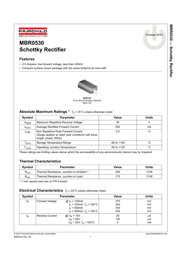 Fairchild MBR0530 Schottky Rectifier Data Handbook - Page 1
