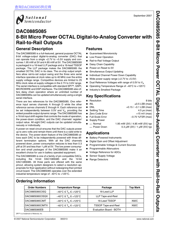 National Semiconductor DAC088S085 8-Bit Micro Power OCTAL Digital-to-Analog Converter with Rail-to-Rail Outputs - Page 1