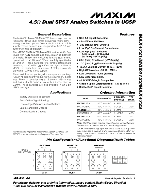 MAXIM MAX4721 MAX4722 MAX4723 Dual SPST Analog Switches in UCSP Data Sheet - Page 1