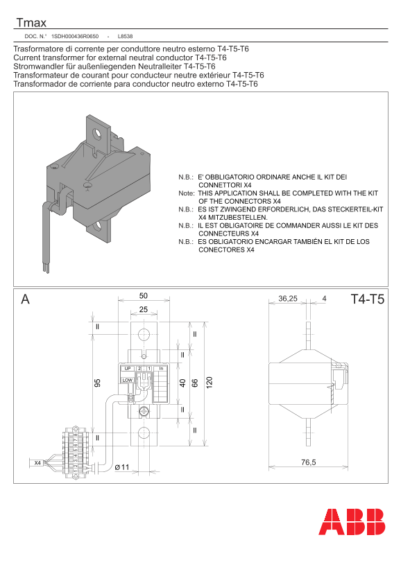 ABB Current Transformer for External Neutral Conductor T4-T5-T6 Manual - Page 1