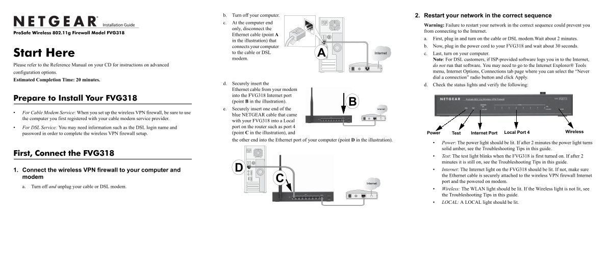 Netgear FVG318v1 - ProSAFE 54 Mbps Wireless VPN Firewall 8-Port Switch FVG318 Installation Guide - Page 1