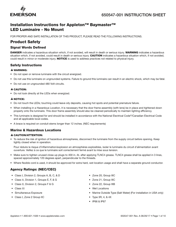 EMERSON Instruction Sheet Baymaster LED Luminaire (No Mount), 650547-001 Appleton - Page 1