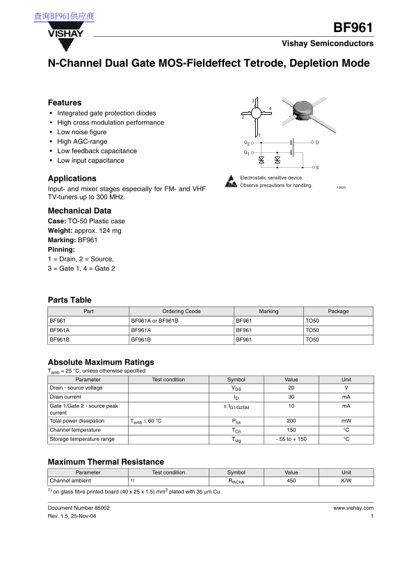 Vishay BF961 Data Handbook & Specifications - Page 1