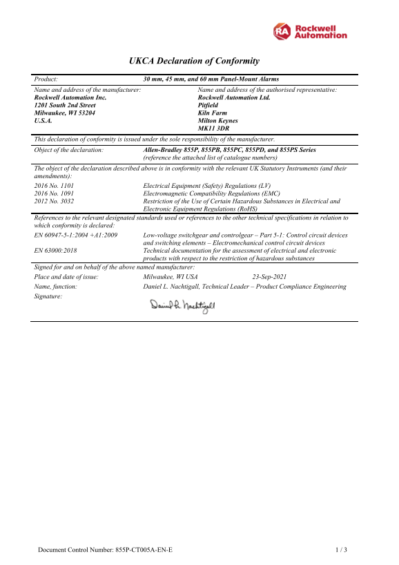 Rockwell Automation 855P Series 30 mm, 45 mm, and 60 mm Panel-Mount Alarms - UKCA DoC - Page 1