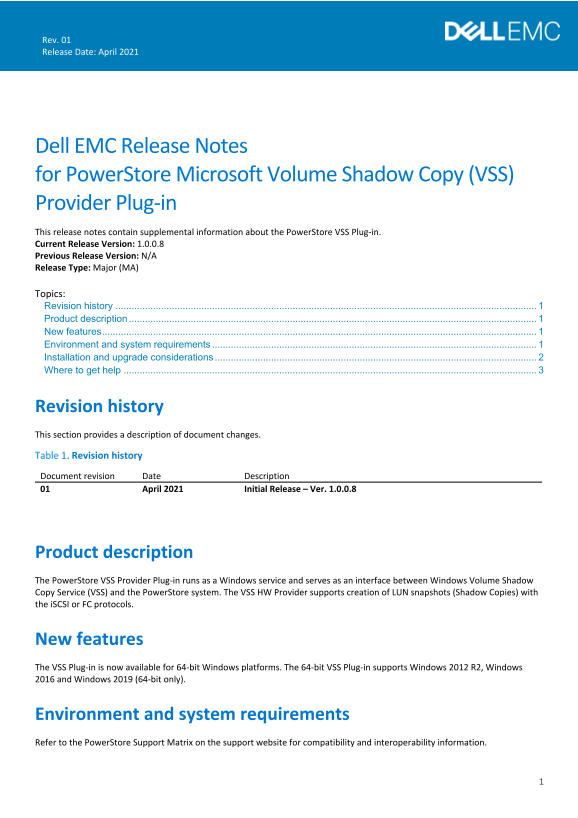 Dell EMC Release Notes for PowerStore Microsoft Volume Shadow Copy Provider Plug-in User's Guide - Page 1