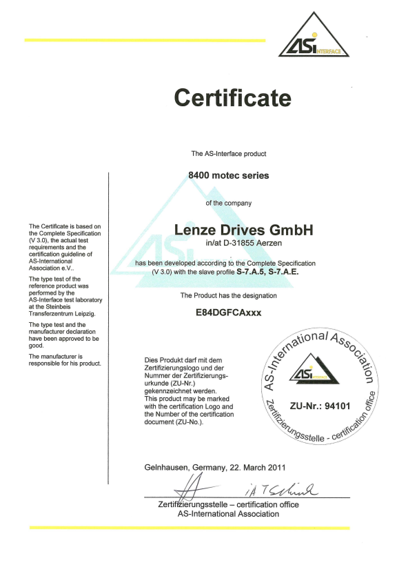 Lenze Inverters-Frequency Inverters 8400 Motec Frequency Inverters Certificate Industrial Communication DoC AS-I 8400 Motec - Page 1