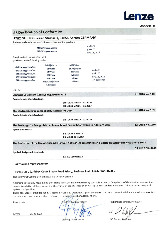 Lenze Motors-Servo Synchronous MDxKS Synchronous Servo Motors MDFKS Synchronous Servo Motors Certification and Declaration UKCA DoC Geared Motor MDxKS - Page 1