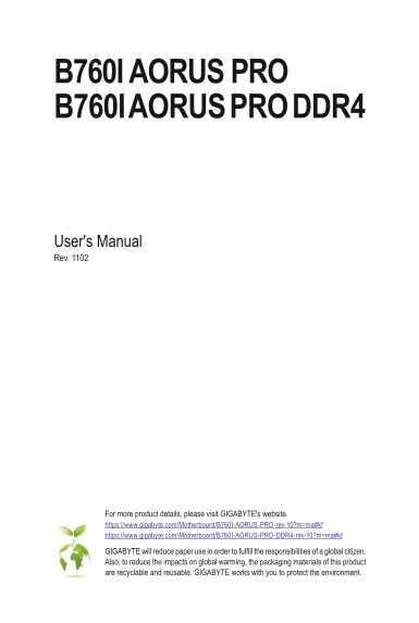 GIGABYTE Motherboard B760I AORUS PRO (Rev.1.0) User Manual - English (Version 1102) - Page 1