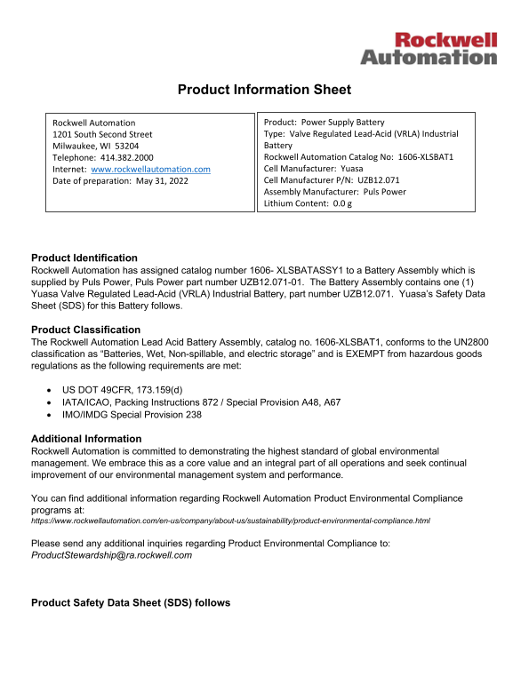 Rockwell Automation Lithium Battery SDS 1606 XLSBAT1 User Guide - Instructions manual - Page 1