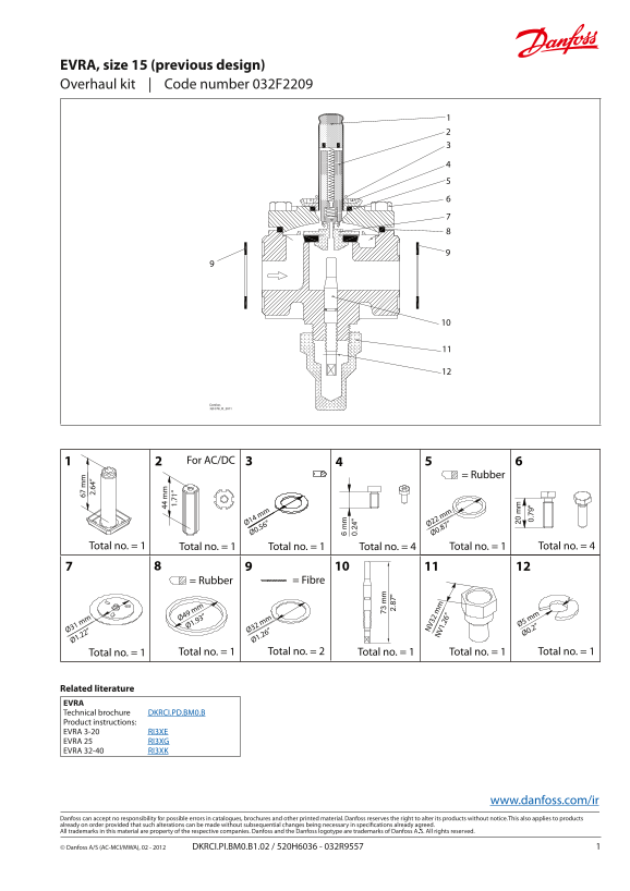 Danfoss Overhaul Kit, EVRA, Size 15 (Previous Design) - Code Number 032F2209 Installation Guide - Page 1