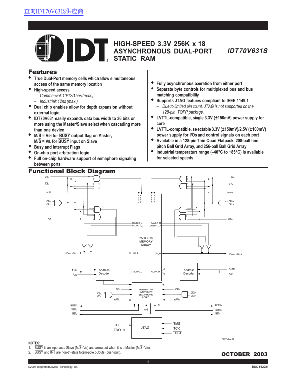 IDT IDT70V631S High-Speed 3.3V 256K x 18 Asynchronous Dual-Port Static RAM User Manual and Specifications - Page 1