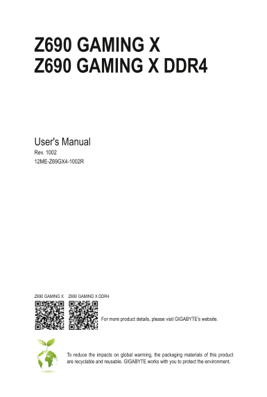 Gigabyte Motherboard Z690 GAMING X DDR4 (Rev.1.0) User Manual English (Version 1002) - Page 1