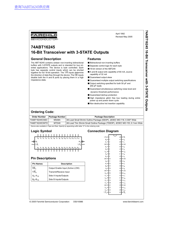 Fairchild Semiconductor 74ABT16245 16-Bit Buffer Line Driver with 3-STATE Outputs - Data Sheet, User Manual - Page 1