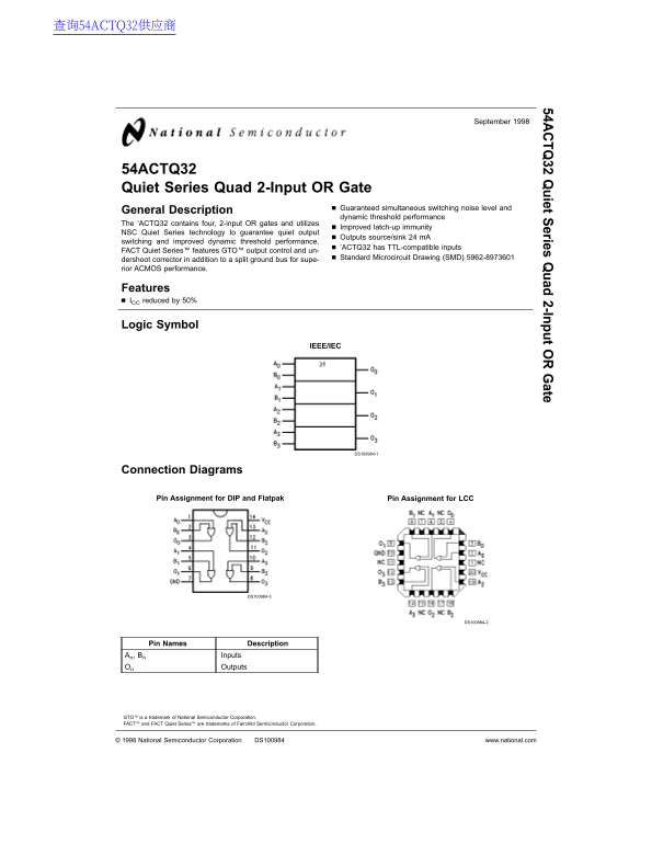 National Semiconductor Quiet Series Quad 2-Input OR Gate Data Sheet - Page 1