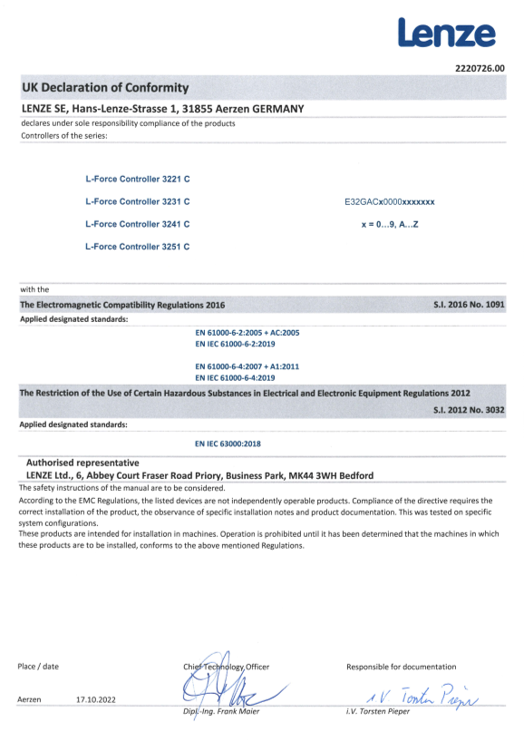 Lenze Controls-Controllers Controller 3200 C Controller 3221 C Certification and Declaration UKCA DoC Controller 3200 C (Language EN) - Page 1