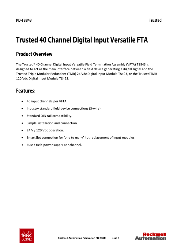 Trusted 40-Channel Digital Input for Rockwell Automation Rockwell Versatile FTA User's Manual and Specifications - Page 1