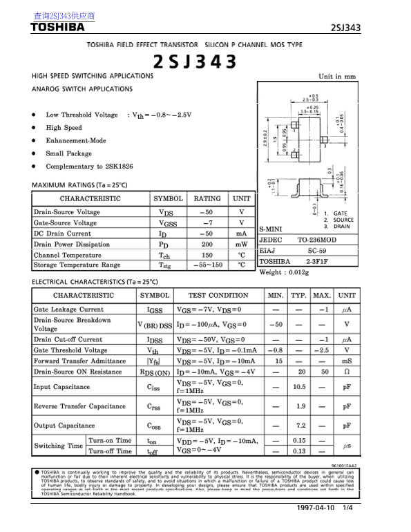 Toshiba TOSHIBA 2SJ343 Data Sheet - Page 1