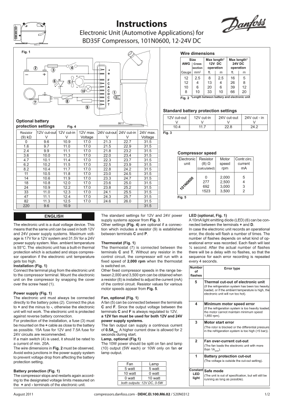 Danfoss Electronic Unit for BD35F Compressors (Automotive), 101N0600, 12-24V Installation Guide - Page 1