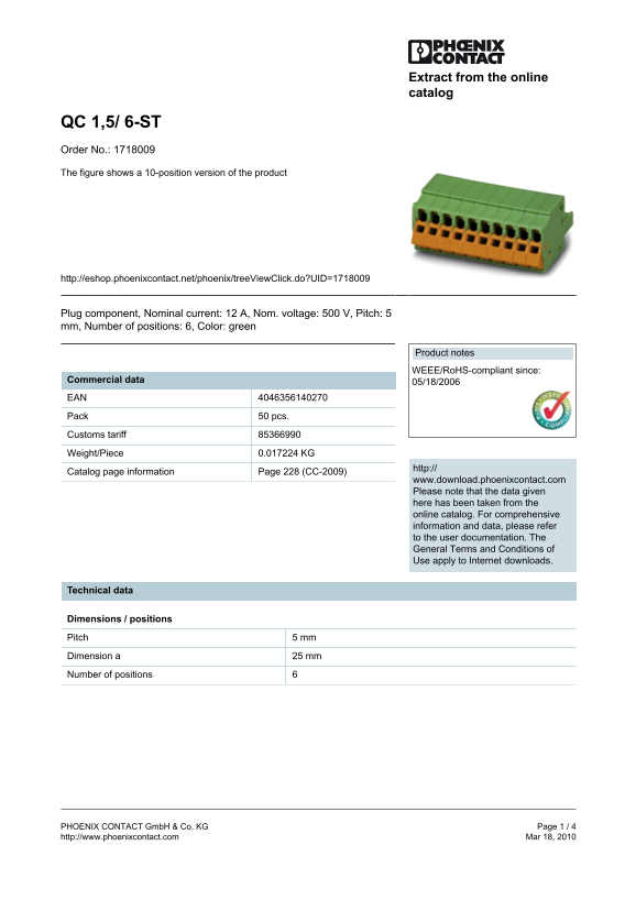 Phoenix Contact QC 1,5 6-Position Order No. 1718009 Product Data Sheet & Manual - Page 1