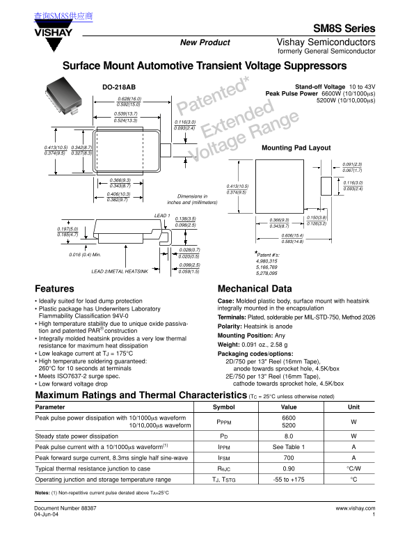 Vishay SM8S Series New Product Introduction Vishay Semiconductors (formerly General Semiconductor) Owner's Manual - User Guide - Page 1