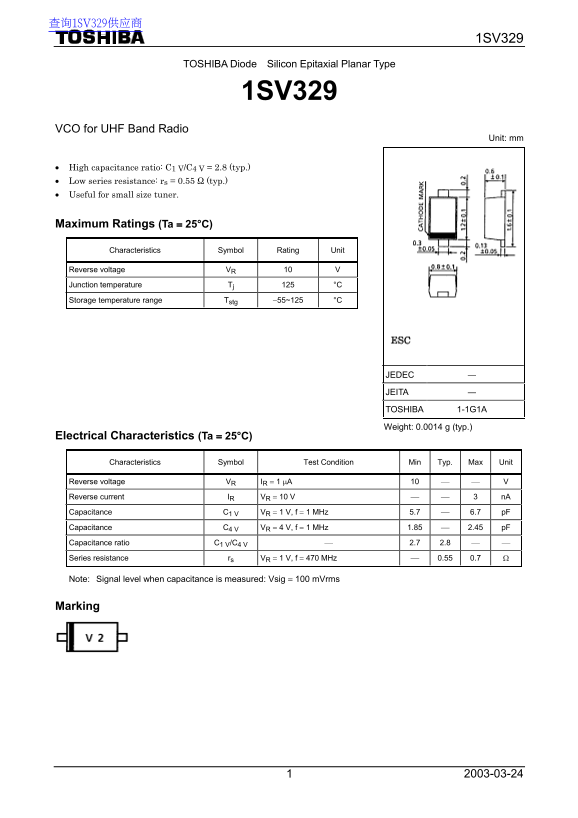 Toshiba Diode Silicon Epitaxial Planar Type 1SV329 Data Sheet - Page 1