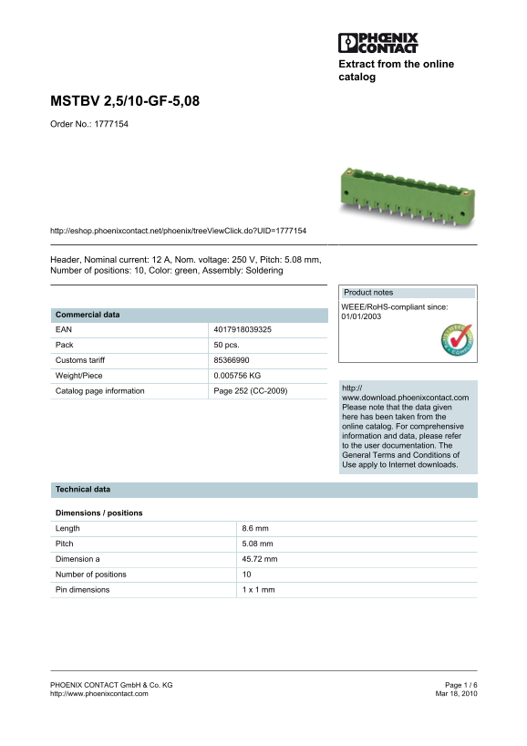 Phoenix Contact MSTBV 2,5 10-GF-5,08 Order No. 1777154 Data Manual - Page 1