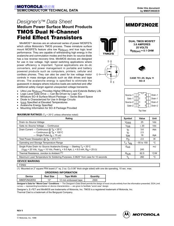Motorola Semiconductor MMDF2N02E Data Handbook - Page 1