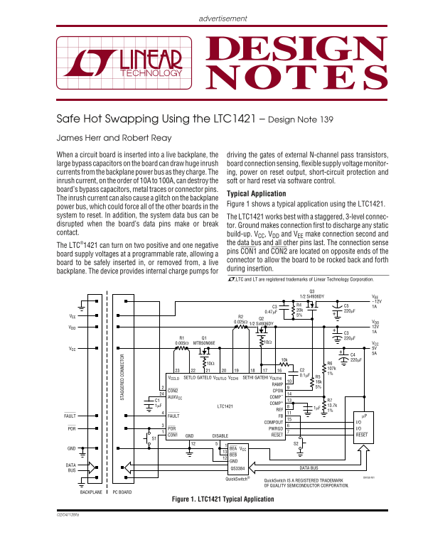LINEAR Safe Hot Swapping with LTC1421 - Design Note 139 by James Herr and Robert Reay - Page 1
