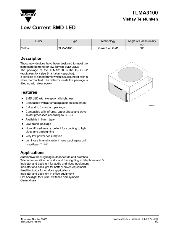 Vishay Siliconix TLMA3100 Data Handbook - Page 1