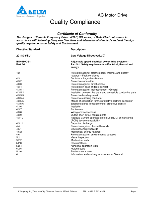 Delta Industrial Automation Inverter CH2000 Series Safety Certificate - Page 1