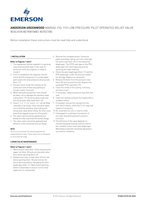 EMERSON Manual Fig. 910 Low Pressure Pilot Operated Relief Valve, Anderson Greenwood-EN - Page 1