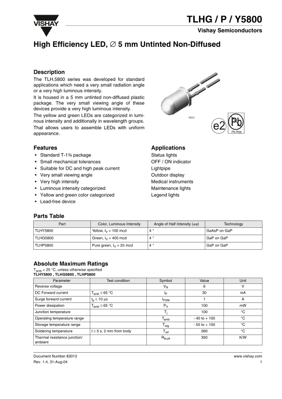 Vishay TLHG-P Y5800 High Efficiency LED, Ø 5mm Untinted Non-Diffused User Manual and Specifications - Page 1