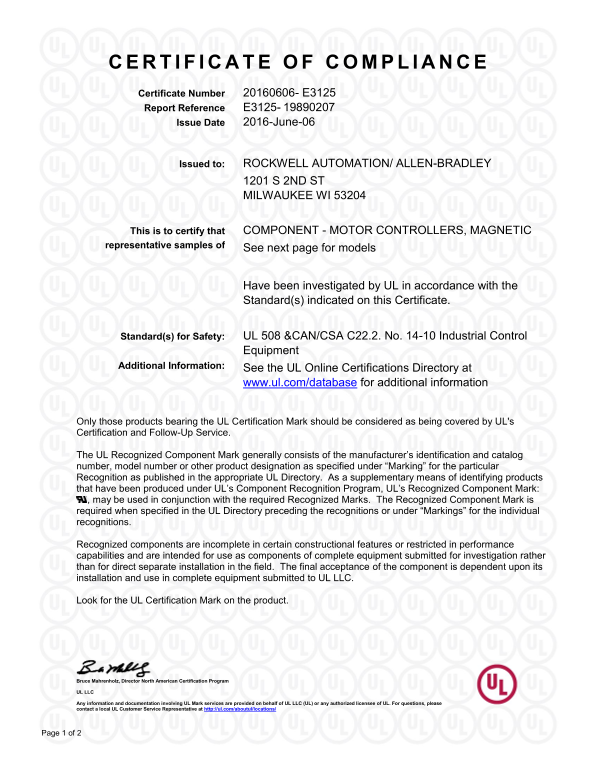 Rockwell Automation 1490-N19 thru -N26, Magnetic Motor Controllers - UL CoC - Page 1