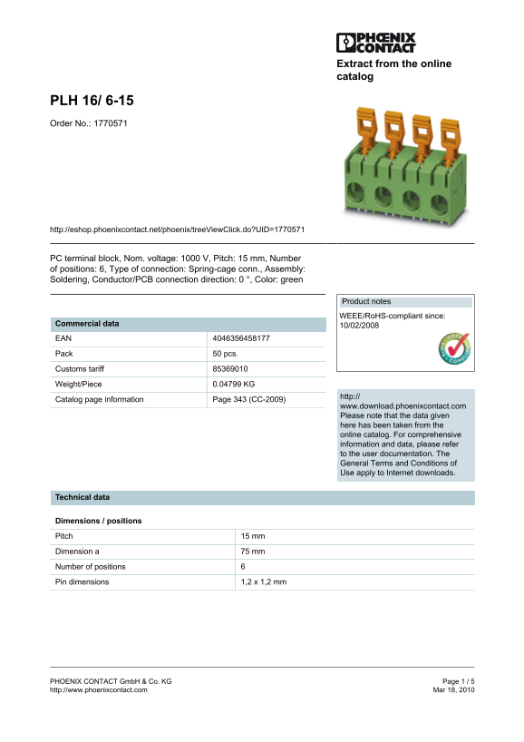 Phoenix Contact PLH 16 6-15 Data Handbook - Page 1