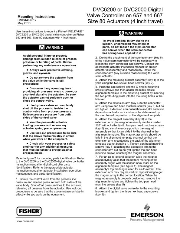 EMERSON Mounting Instructions DVC6200 or DVC2000 Digital Valve Controller on 657 and 667 Size 80 Actuators (4 Inch Travel) Fisher - Page 1