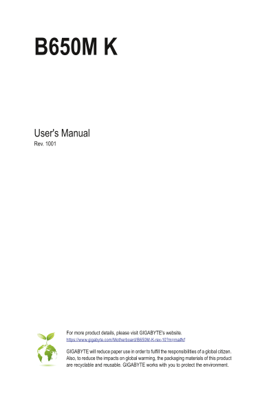Gigabyte Motherboard B650M K (Rev.1.0) User Manual English (Version 1001) - Page 1