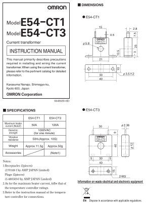 OMRON Temperature Controller Timer Counter E5AN-H E5EN-H High Performance Type E5AN-H, E5EN-H E54-CT1 CT3 Current Transformer Instruction Manual - Page 1