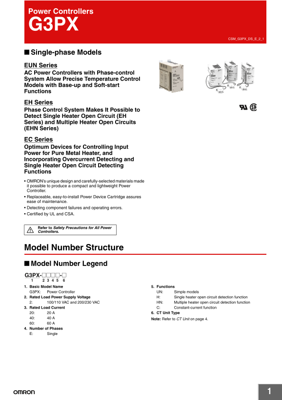 OMRON Relay Single-Phase Power Regulator (Heater Break Detection Series) G3PX-EH(N) G3PX Data Sheet - Page 1